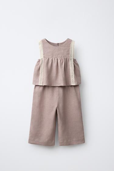 Zara Льняной комбинезон с кружевом