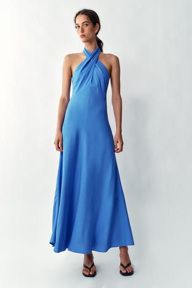 Zara Льняное платье миди с горловиной халтер