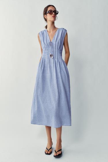 Zara Льняное платье миди со складками