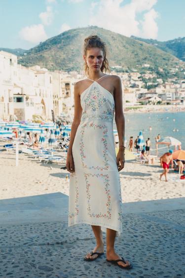 Zara Платье миди из льна с принтом