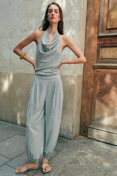 Zara Льняной комбинезон в полоску