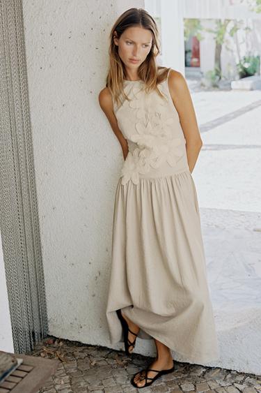 Zara Комбинированное льняное платье миди