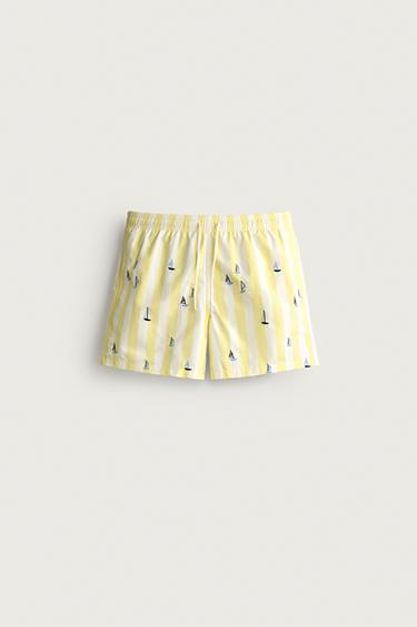 Zara Плавки средней длины в полоску с вышивкой в виде корабликов