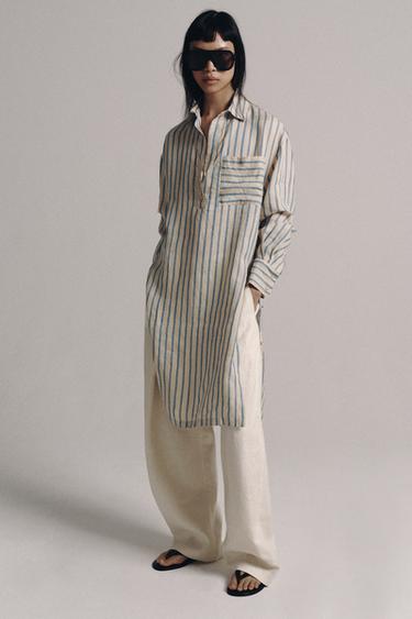 Zara Платье-рубашка в полоску из 100% льна ZARA «ZW»