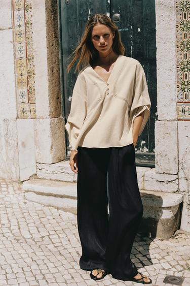 Zara Льняная рубашка оверсайз с контрастной отстрочкой