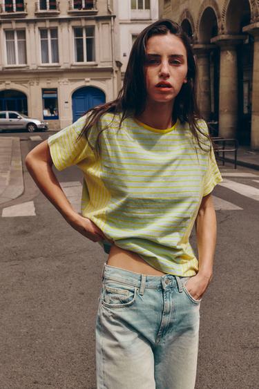 Zara Хлопковая футболка в полоску с льном