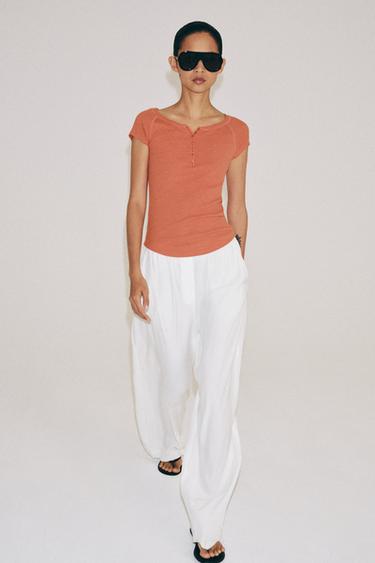 Zara Футболка из льняного смесового материала с пуговицами