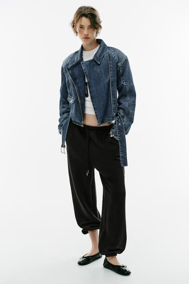 Zara Джинсовая байкерская куртка TRF с поясом