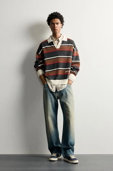 Floral intarsia stripe knit polo shirt- Заказать в России