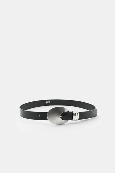 Zara Ремень с овальной пряжкой из 100% кожи, чёрный