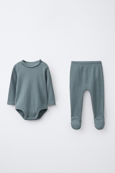 Zara Комплект из ребристого боди и леггинсов с закрытыми стопами