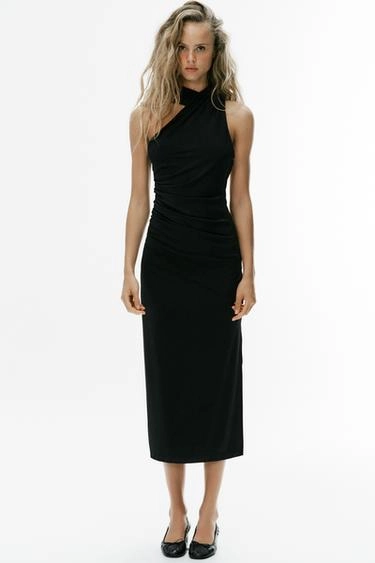 Платье-миди с американской проймой и драпировкой- Заказать в России