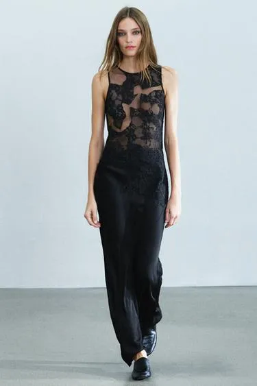 Длинное платье с контрастным кружевом Zara «Zw»