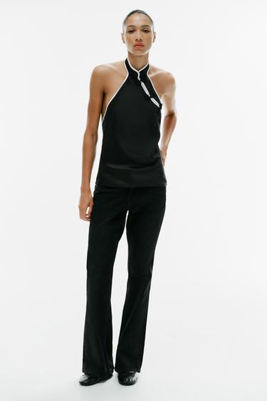 Zara Сатиновый топ с воротником-стойкой и застёжкой в виде петель