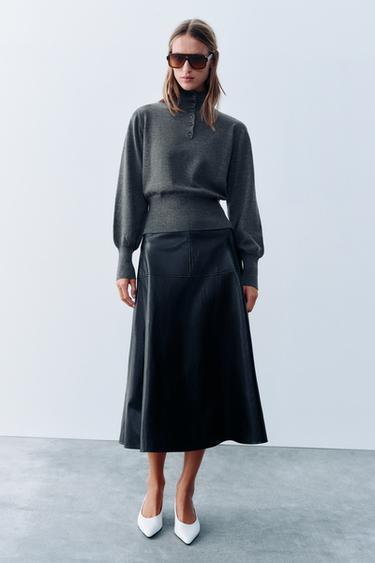Zara Велюровый вязаный джемпер с высоким воротником и пуговицами