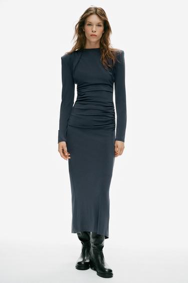 Zara Миди-платье с драпировкой и плечевыми подушками