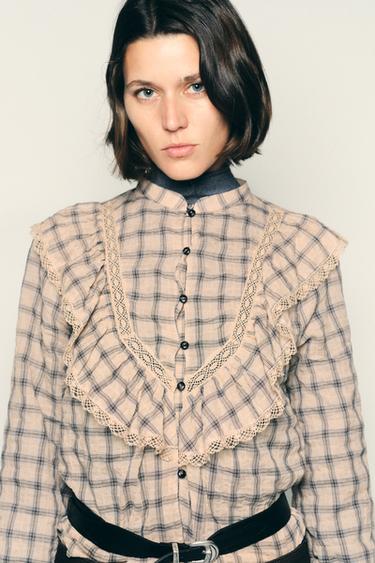 Zara Блузка в клетку с кружевом