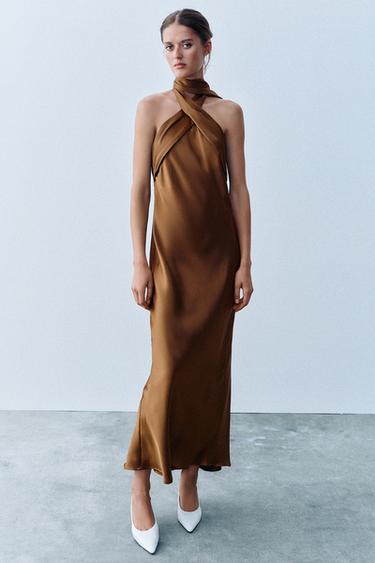 Zara Атласное миди-платье с воротником-халтер