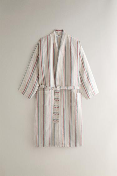 Zara Льняной халат с цветными полосками купить с доставкой.