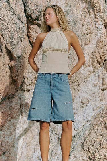 Zara Свободные бермуды из рваного денима средней посадки TRF