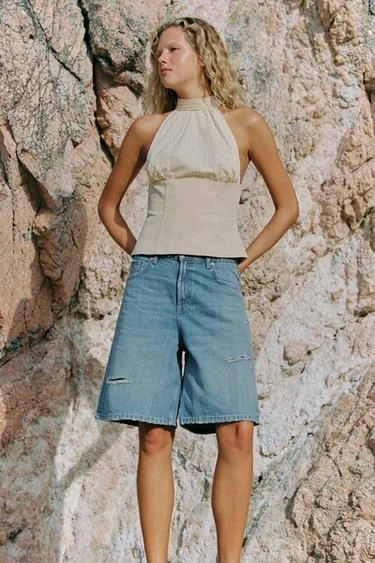 Trf mid-waist ripped baggy denim bermuda shorts- Заказать в России