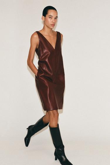 Zara Платье миди из 100% кожи ZARA «ZW»