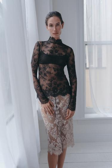 Zara Топ с кружевным воротником-стойкой