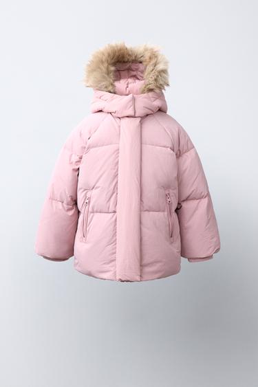 Zara Пуховик с утеплителем 50% перо и 50% пух с отстёгивающимся капюшоном из искусственного меха