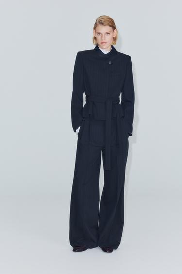 Zara Укороченный полосатый блейзер с комбинированным воротником и поясом