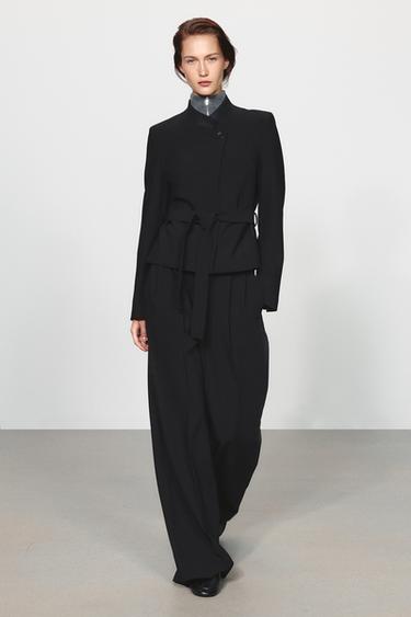 Zara Укороченный блейзер с комбинированным воротником и поясом