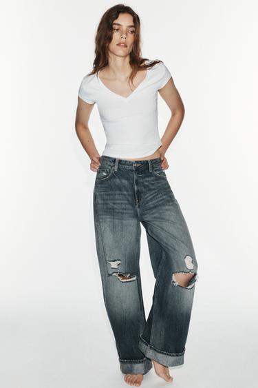 Zara Джинсы TRF BAGGY с завышенной талией и рваными деталями