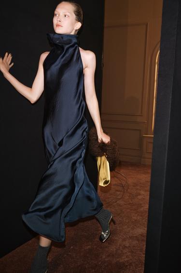 Zara Платье миди из сатина с воротником-халтер ZARA «ZW»