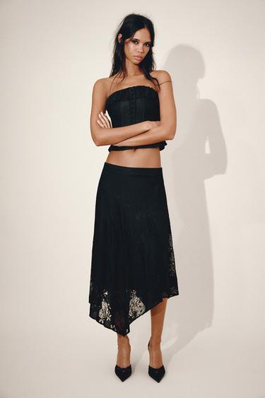 Zara Асимметричная кружевная миди-юбка купить с доставкой.