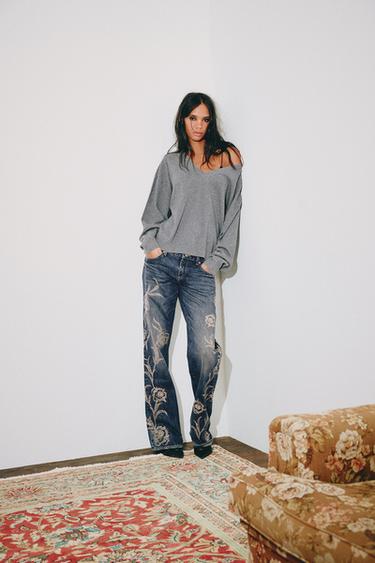 Zara Джинсы TRF с вышивкой и кристаллами, низкая посадка, широкие штанины купить с доставкой.