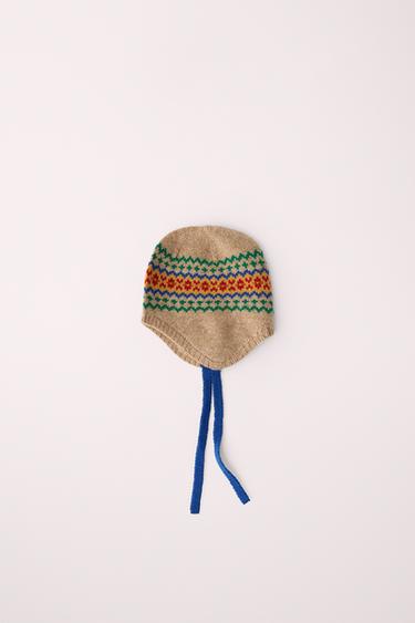 Zara Вязаная шапка с узором FAIR ISLE из 100% шерсти, CARAMEL LONDON X ZARA
