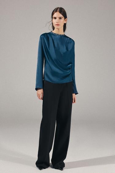 Zara Атласная блузка с воротником из камней купить с доставкой.