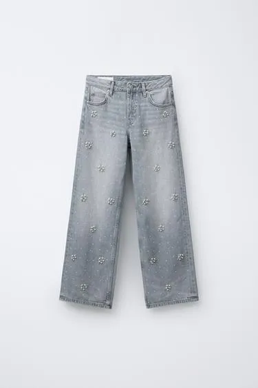 Широкие джинсы с поддельными жемчужинами- Заказать в России