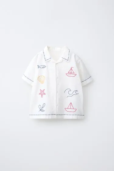 Рубашка из хлопка и льна с контрастной вышивкой