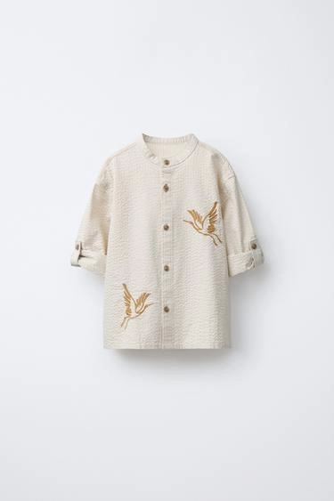 Embroidered bird seersucker stand collar shirt- Заказать в России