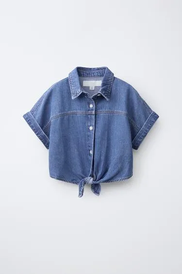 Джинсовая рубашка с завязкой- Заказать в России