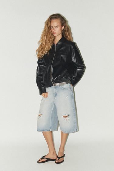 Zara Кожаная утепленная куртка бомбер