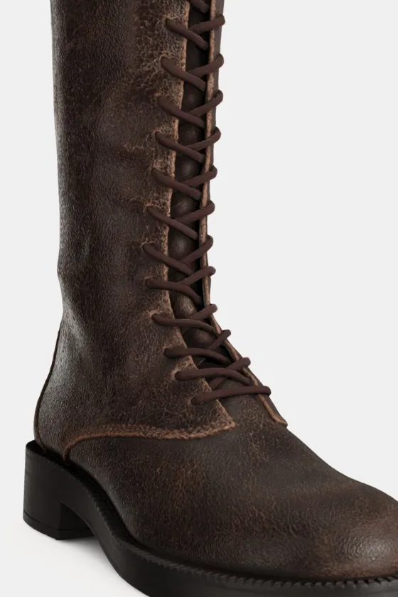 КОЖАНЫЕ САПОГИ НА ПЛОСКОЙ ПОДОШВЕ СО ШНУРОВКОЙ