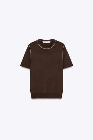 Трикотажный топ с короткими рукавами и окантовкой- Заказать в России