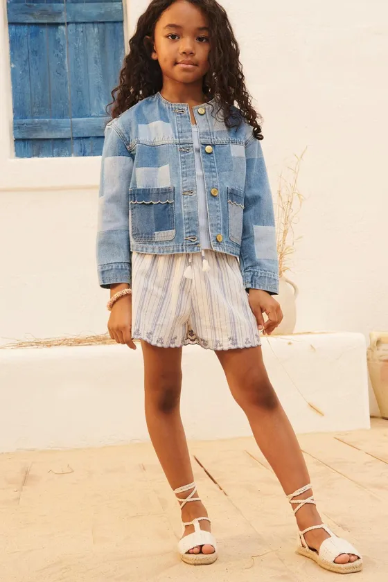 Джинсы-бермуды limited edition в полоску с вышивкой