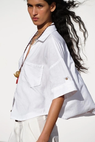 Укороченная рубашка из смесового льна- Заказать в России