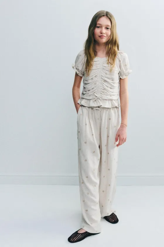 БРЮКИ WIDE LEG ИЗ СМЕСОВОГО ЛЬНА С ЦВЕТОЧНОЙ ВЫШИВКОЙ