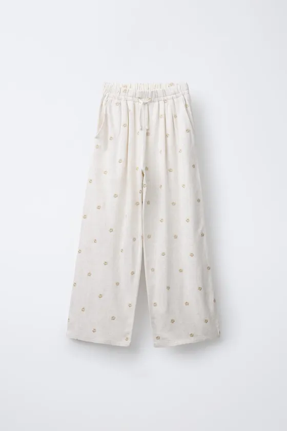БРЮКИ WIDE LEG ИЗ СМЕСОВОГО ЛЬНА С ЦВЕТОЧНОЙ ВЫШИВКОЙ