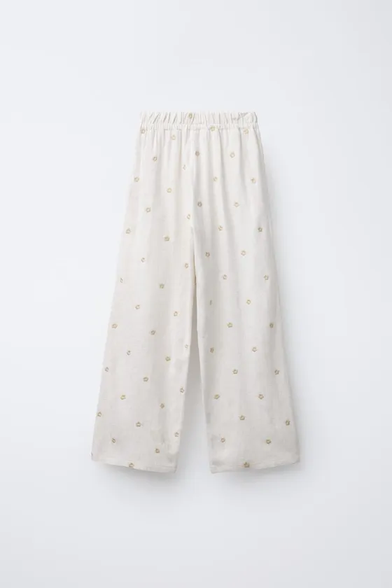 БРЮКИ WIDE LEG ИЗ СМЕСОВОГО ЛЬНА С ЦВЕТОЧНОЙ ВЫШИВКОЙ