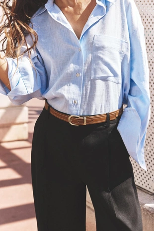 Брюки прямого кроя из смесового льна с ремнем- Заказать в России