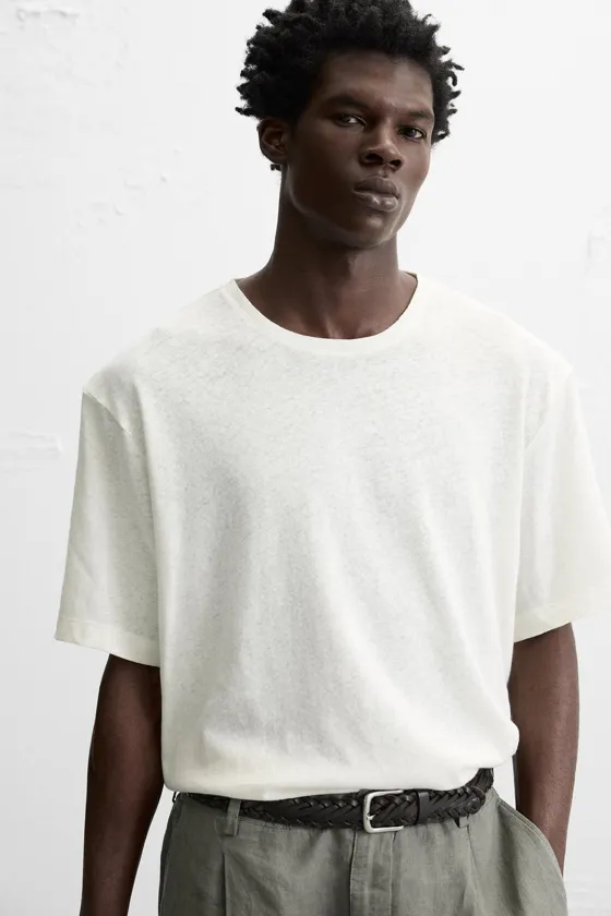 Zara Футболка из льна и хлопка - Цвет экрю - ecru | 4853/410
